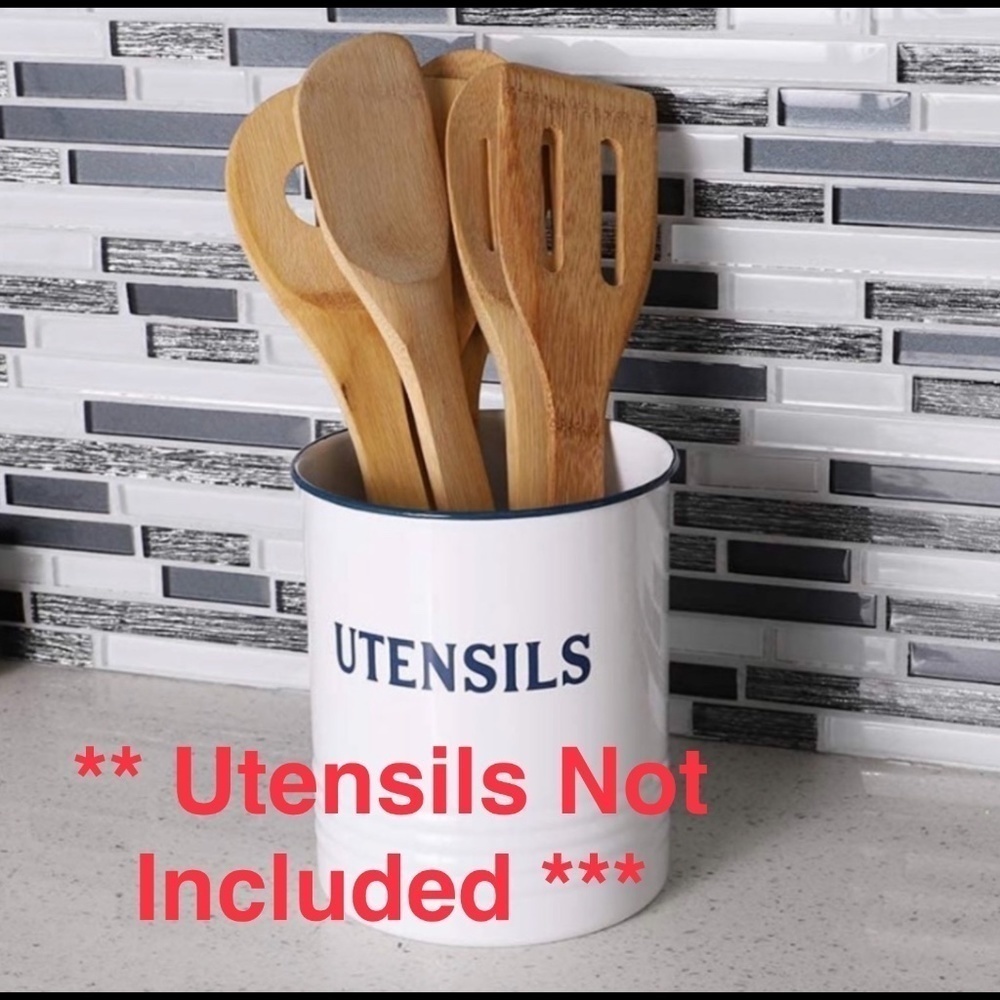 Utensil Holder Vintage Style Metal Freestanding 5 in x 5 in x 6 in White/Blue - Picture 7 of 10